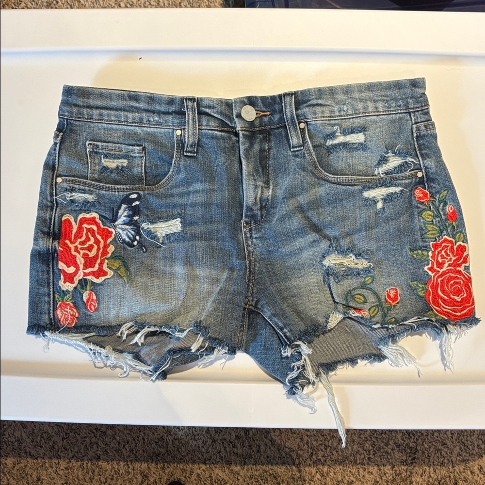 Blank NYC Blue Jean Shorts with Red Floral Embroidery